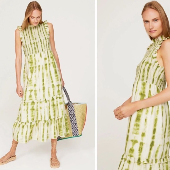 Marie Oliver Qiunnlyn Green Tie Dye Smocked Tiered Ruffle Dress - Picture 1 of 12